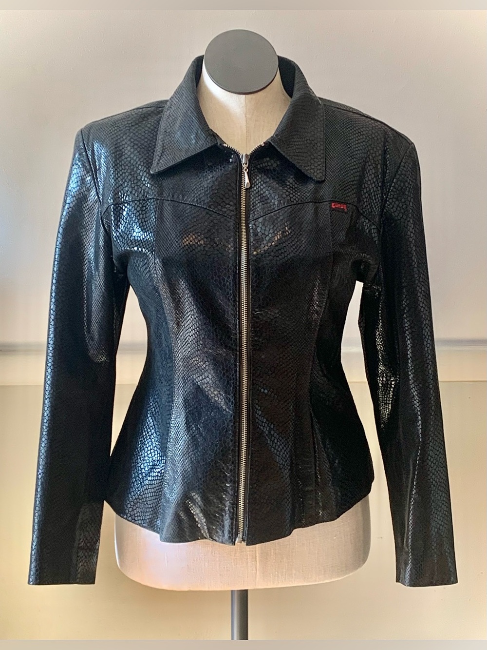 Guess Black Snakeskin-Texture Leather Zip Jacket -